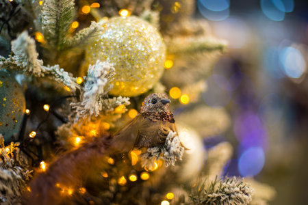Abstract unfocused backgrounds with Christmas decorations with led light bokeh - close-up photo.の写真素材