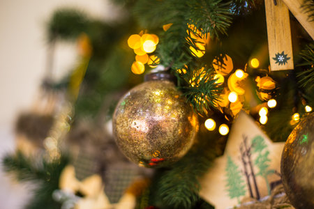 Abstract unfocused backgrounds with Christmas decorations with led light bokeh - close-up photo.の写真素材