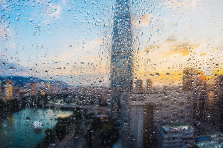 Rain drops on the window - abstract background. Close up photo.の写真素材