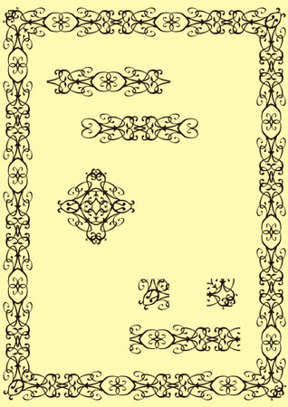Classical border, two text dividers, square ornament and the basic parts used to create it all.のイラスト素材