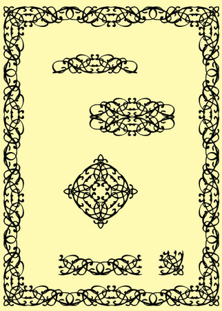 Classical border, two text dividers, square ornament and the basic parts used to create it all.のイラスト素材