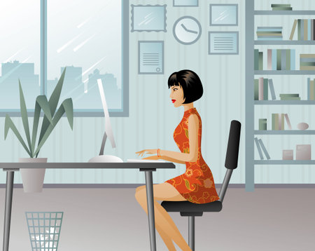 Girl working in a big officeのイラスト素材