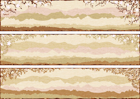 Set of three retro-styled framed landscapes with the imitation of rough textured paper のイラスト素材