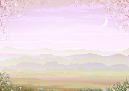 Light and tranquil morning landscape with floral border (other landscapes are in my gallery)のイラスト素材