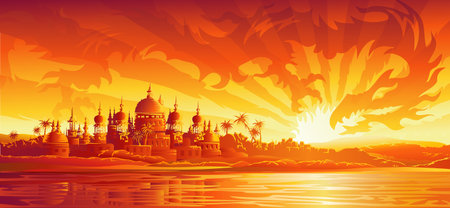 Golden city under golden sky (dragon version, other landscapes are in my gallery)のイラスト素材