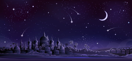 Ancient city under crescent moon のイラスト素材