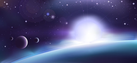 Aurora over a planetの写真素材