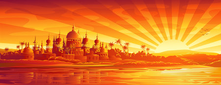 Golden city under golden sky (version with simple sky, other landscapes are in my gallery)のイラスト素材
