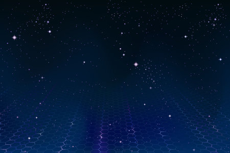 Space background with pulsating hexagonal net fading into the distanceの写真素材