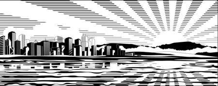 Black and white cityscape (colored version \"Big City Sunset Panorama\" and other landscapes - in my gallery)の写真素材