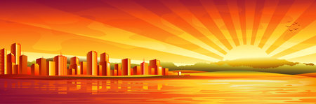 Big city sunset panorama (2nd version \"Black and white cityscape\" and other landscapes - in my gallery)の写真素材