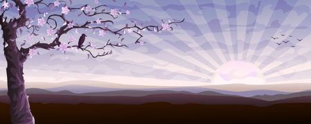 Blooming tree and a starling sitting on its branch (other landscapes are in my gallery)のイラスト素材