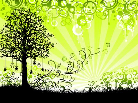 Green floral background with elements of grunge decor (other landscapes are in my gallery)のイラスト素材