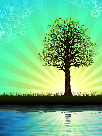 Lone tree reflecting in water (other landscapes are in my gallery)のイラスト素材