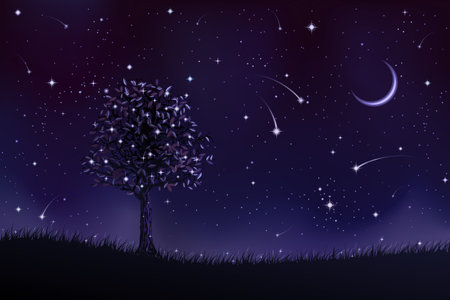 Lone tree at night (other landscapes are in my gallery)のイラスト素材