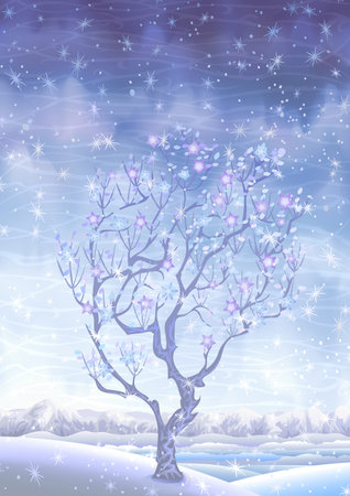 Blooming winter fairy-tale tree behind the falling snow (other landscapes are in my gallery)のイラスト素材