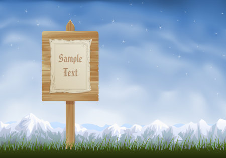 Wooden sign post with a sheet of parchment hanging on itのイラスト素材