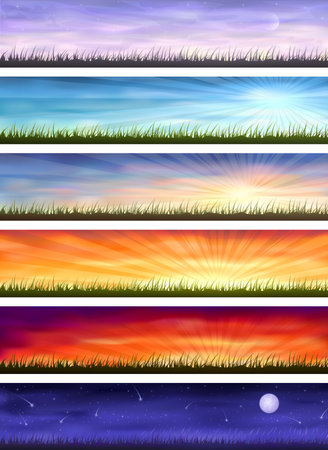 Day cycle (set of six colorful banners showing same landscape at different times of the day)のイラスト素材