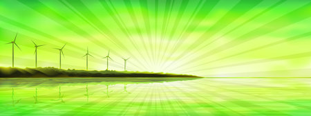 Colorful sunset over a stony ocean island with several wind turbines (other landscapes are in my gallery)のイラスト素材