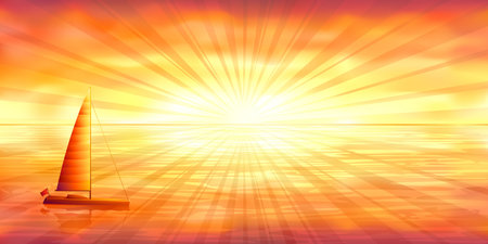 Small racing yacht in the calm ocean at sunsetのイラスト素材