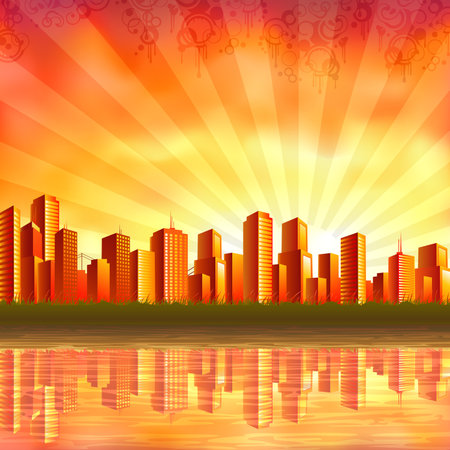 Big orange city reflecting in calm water at sunset (other landscapes are in my gallery)のイラスト素材