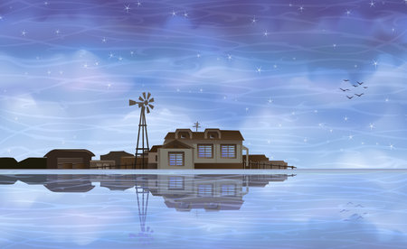 Ecological farm reflecting in clear blue waterのイラスト素材