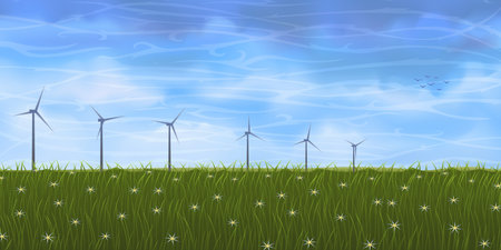Summer landscape with several wind turbines on grassy plainのイラスト素材