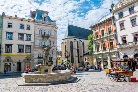Lviv, Ukraine - August 3, 2015: The corner of Rynok Square and view of Latin Cathedralのeditorial素材
