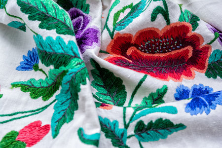 Vintage embroidery stitch with poppy and cornflower. Traditional craft backgroundの写真素材
