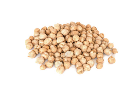 Uncooked chickpeas beans isolated on white backgroundの写真素材