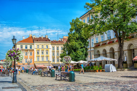 Lviv, Ukraine - August 3, 2015: The corner of Rynok Square and view of City Hall