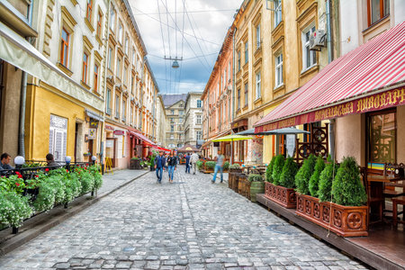 Lviv, Ukraine - August 11, 2016: Staroievreiska St., city center, Lviv, Ukraineのeditorial素材