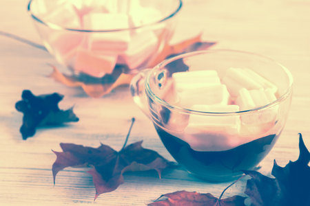 Cup with cacao and pink marshmallows and dry maple leaves on white wooden background. Vintage toned effectの写真素材