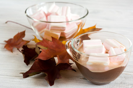 Cup with cacao and pink marshmallows and dry maple leaves on white wooden backgroundの写真素材
