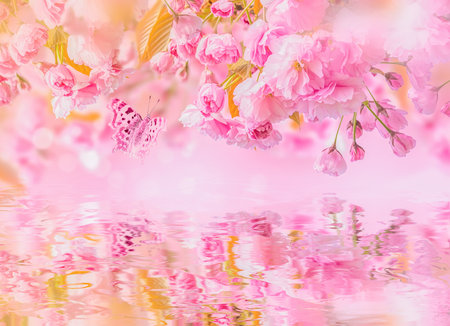 Sakura flower cherry blossom, water reflection, light. Greeting card background template. Shallow depth. Soft toned. Spring nature.の写真素材
