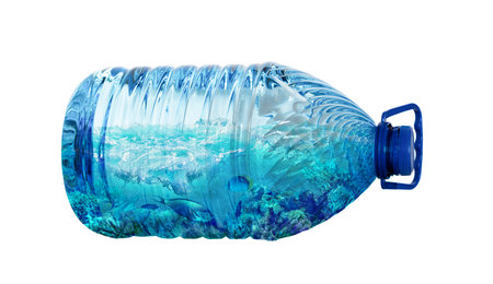 Sea life in plastic bottle isolated on white background. Ecology pollution concept. Environment disasterの写真素材