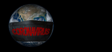 Covid-19 Dark Earth with medical black mask protection against virus. Coronavirus globe concept.の写真素材