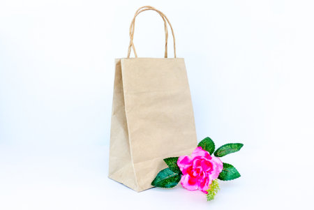 Rose pink flower with paper shopping bag isolated on the white background.Mandala for decoration t-shirt,fabric printed paper bag,blur,blurred,soft focus,motionblurの写真素材