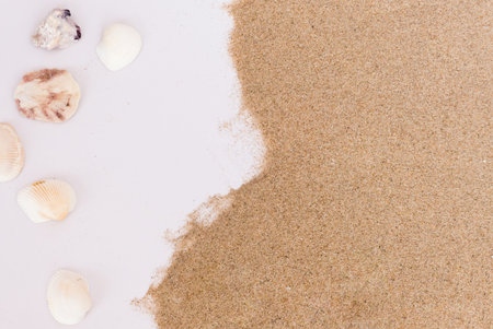 Sea shell and pile sand isolated on white background.Summer holiday relax background with copy space