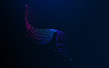 A vibrant neon wave flows across a dark blue background, accented by sparkling particles.の写真素材