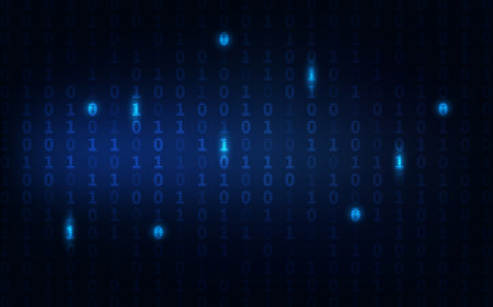 Blue binary code ones and zeros illuminate a dark digital background, representing data and technology.のイラスト素材