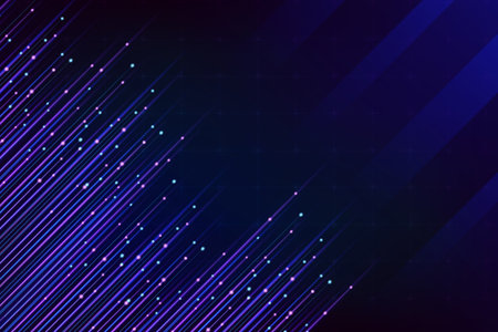 Abstract dark blue background features glowing purple and blue diagonal lines with floating light particlesの写真素材