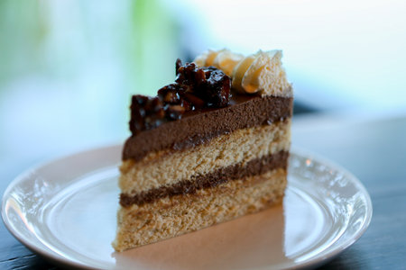 piece of chocolate cake on a plateの写真素材
