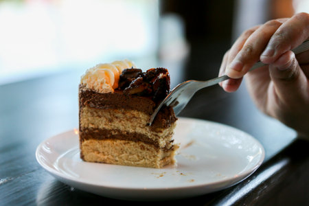piece of chocolate cake on a plateの写真素材
