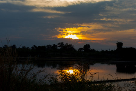 sunset over lakeの写真素材