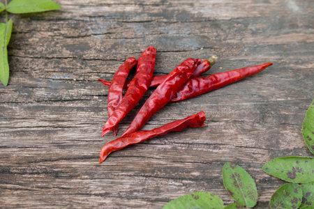 Dried red chilly pepper on wooden panel.の写真素材
