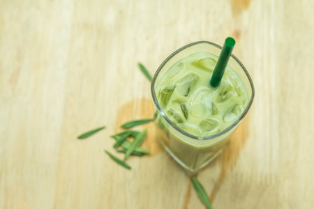 Home made Matcha iced green tea with milk, Latte Tea with Milk.の写真素材