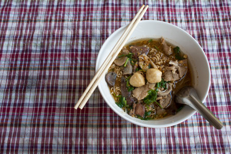 Noodle with Pork, Pork ball and vegetable.の写真素材
