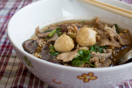 Noodle with Pork, Pork ball and vegetable.の写真素材