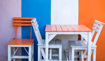 Close up of  blue dining table set in food court.